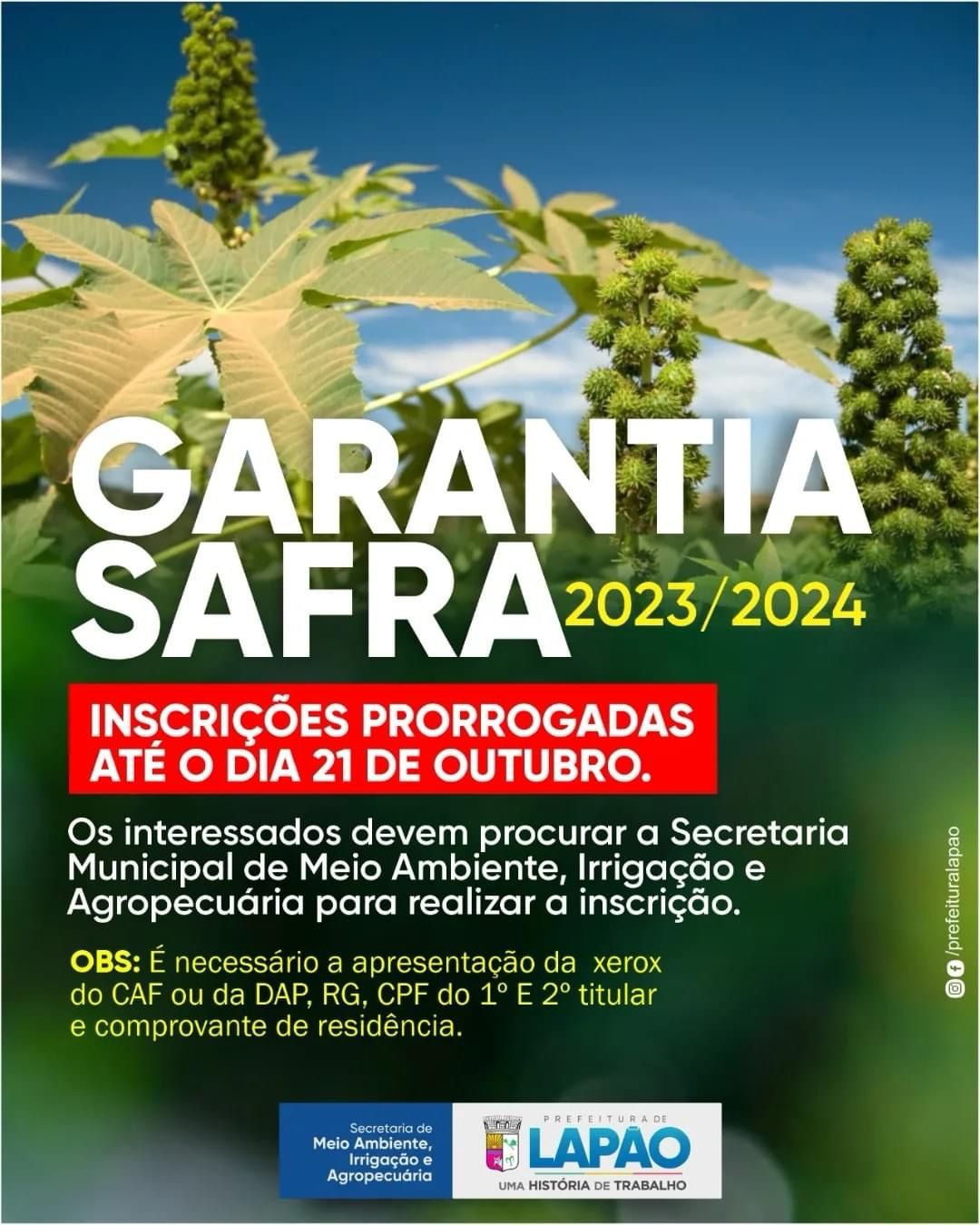 Prefeitura de Lapão prorroga inscrições do garantia safra até 21 de Outubro