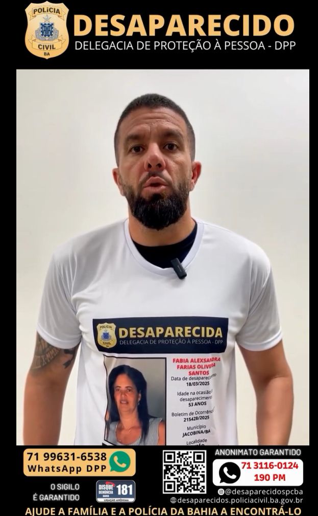Polícia Civil com apoio da Polícia Militar lança campanha em busca de informações de jacobinense desaparecida; veja o vídeo