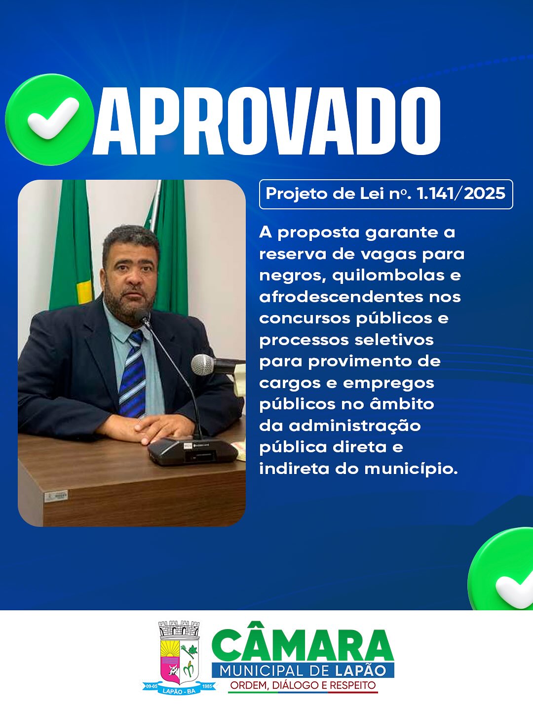 Projeto de Lei nº 1.141/2025 é aprovado pela Câmara de Lapão