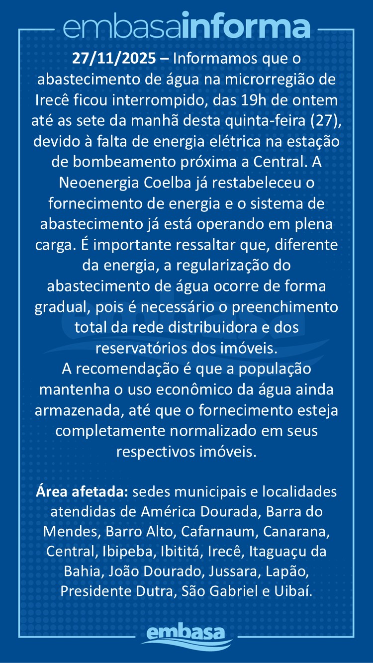 Abastecimento de água ficou interrompido durante a noite, na região de Irecê