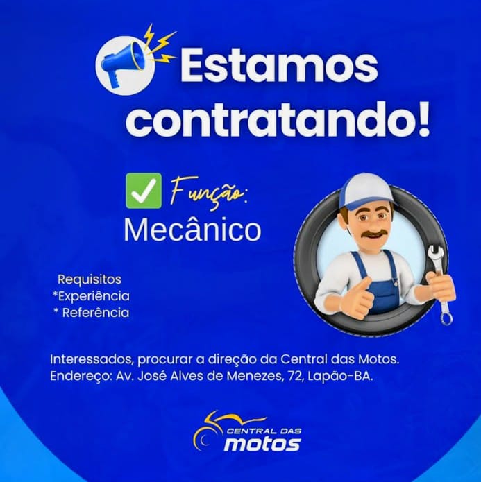 Estamos contratando Mecânicos de Motos para atuar nos municípios de Lapão e São Gabriel.