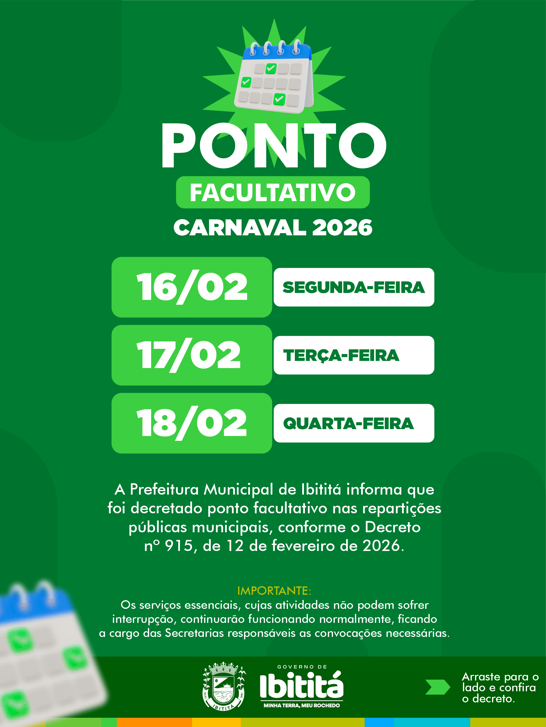 Prefeitura de Ibititá decreta ponto facultativo no Carnaval 2026 Serviços essenciais seguem funcionando normalmente.