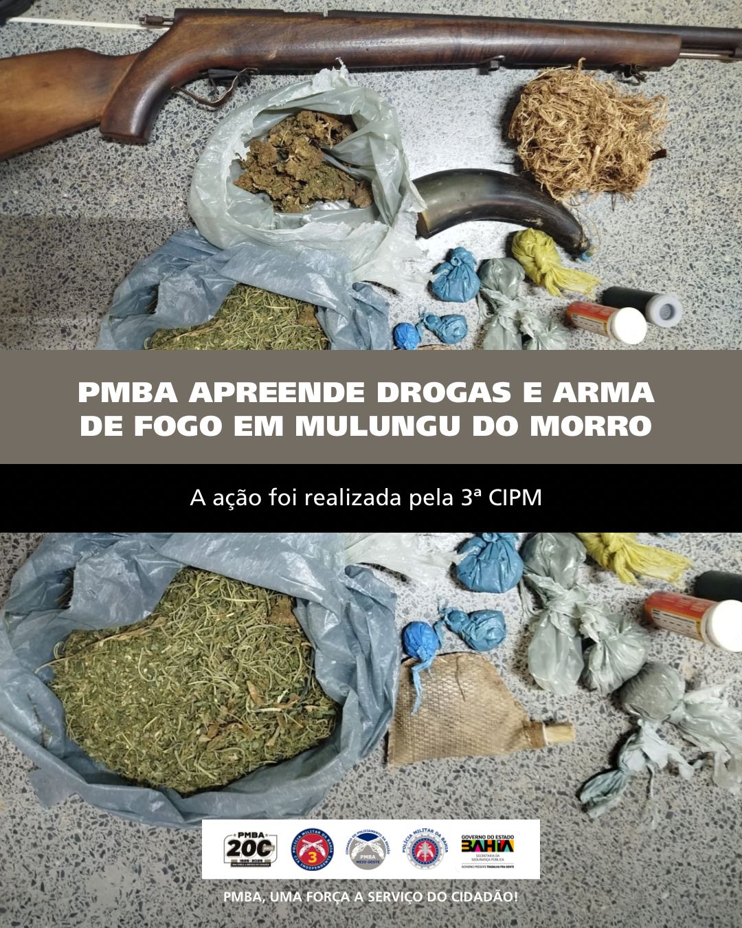 PMBA apreende drogas e arma de fogo em Mulungu do Morro.