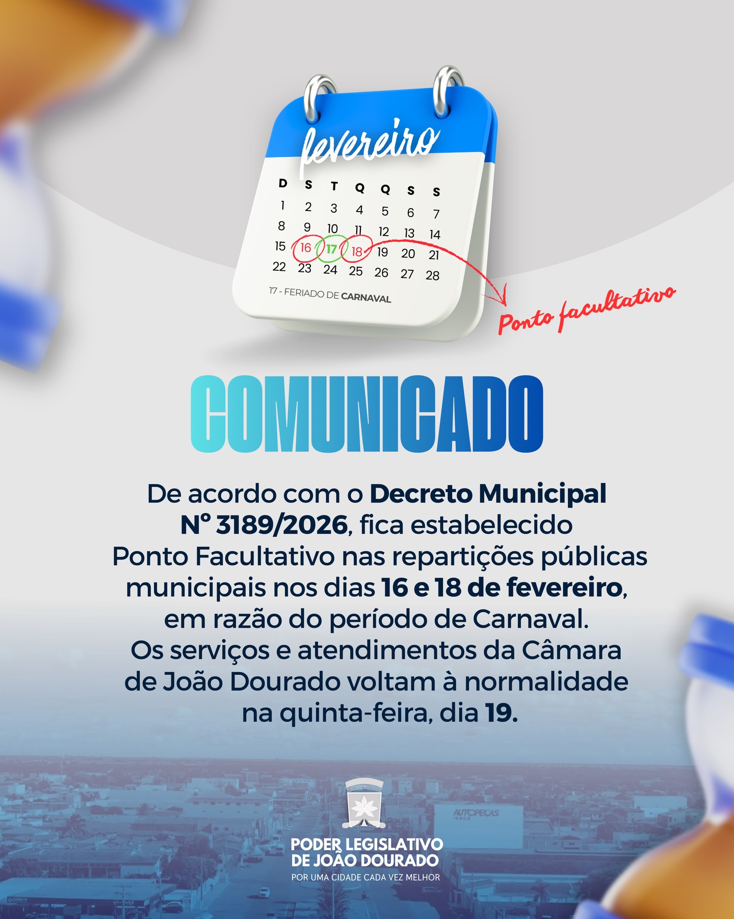 Fique atento ao funcionamento da Câmara de Vereadores de João Dourado no período de Carnaval.