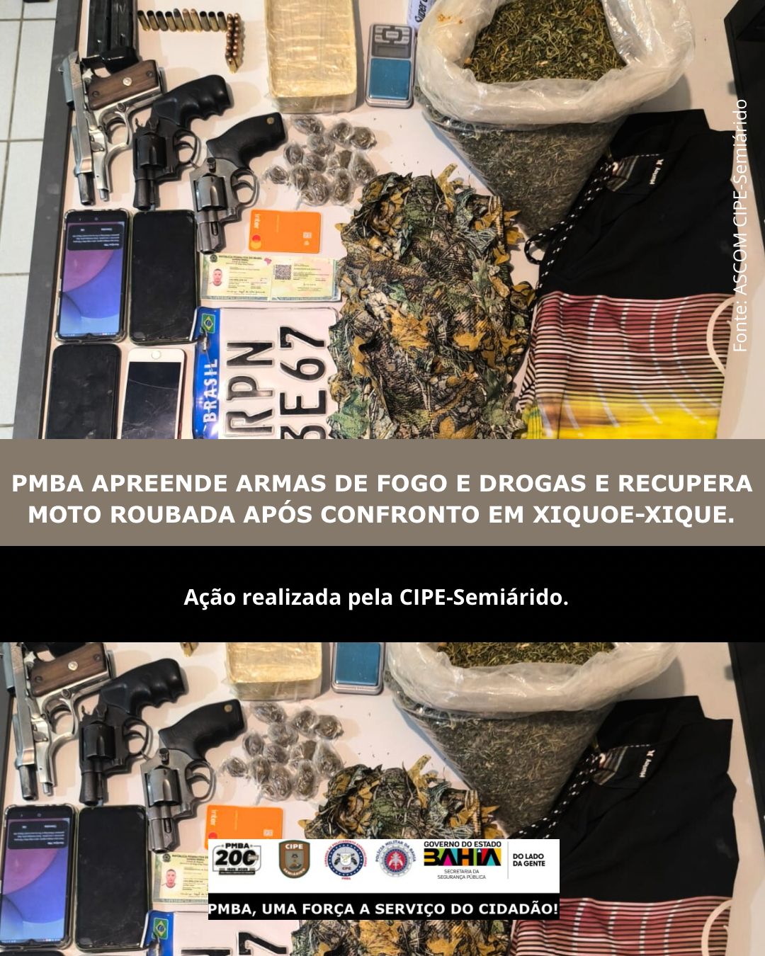 Intervenção da CIPE-Semiárido resulta na apreensão de drogas, armas e recuperação de veículo roubado em Xique-Xique