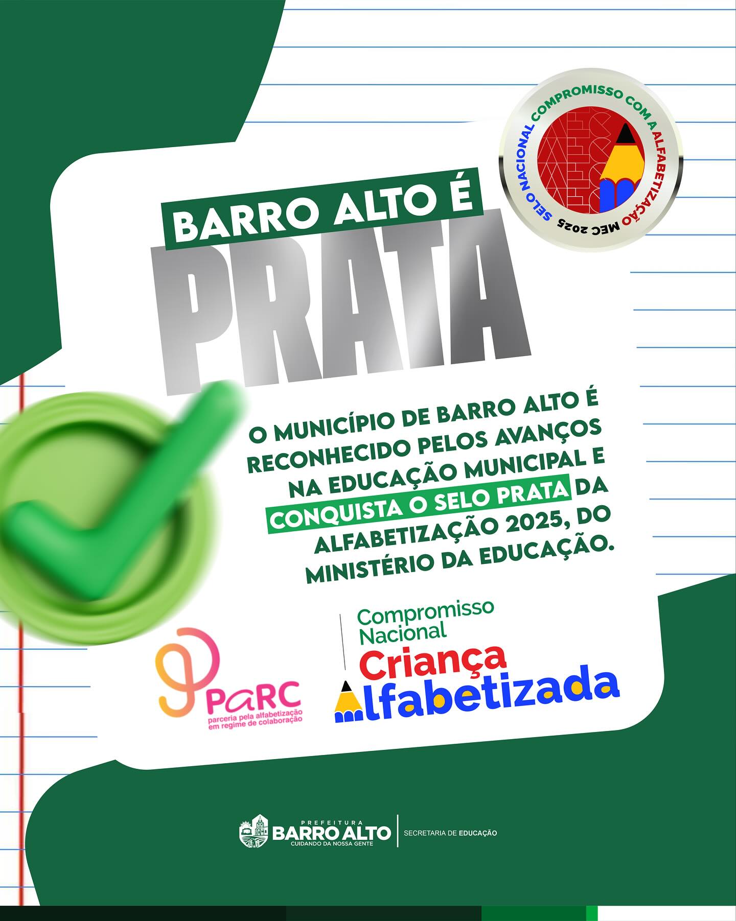 Barro Alto conquista Selo Prata da Alfabetização 2025 e avança na fluência leitora