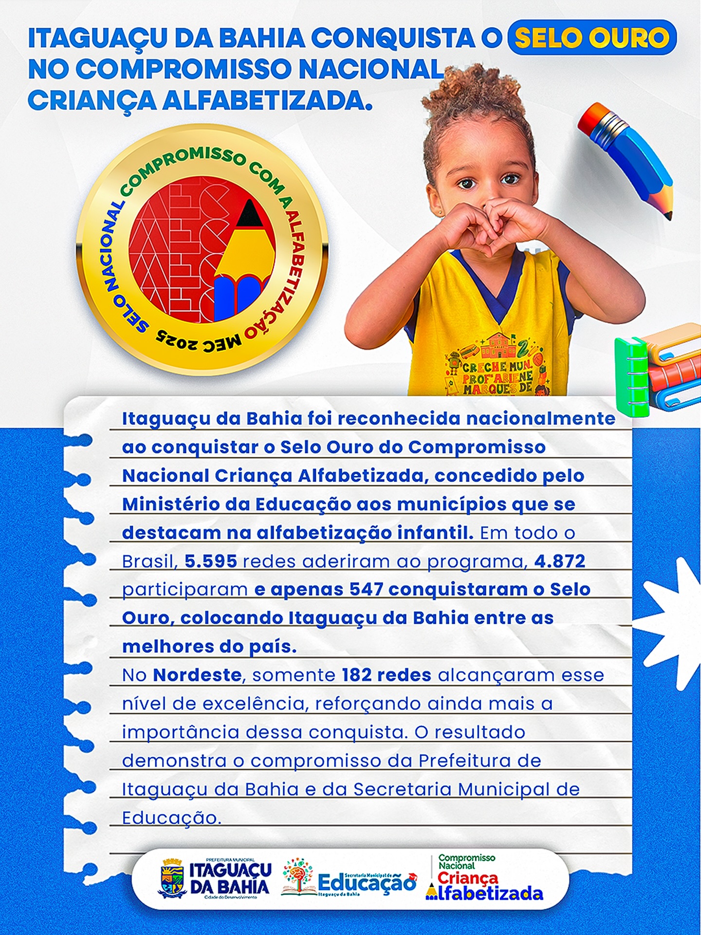 Itaguaçu da Bahia conquista o Selo Ouro e se destaca nacionalmente na alfabetização.