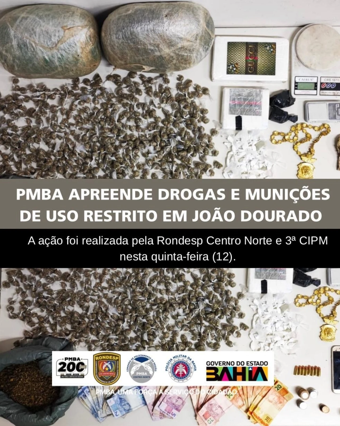 Equipes da RONDESP Centro Norte e da 3ª CIPM prenderam um indivíduo por tráfico de drogas e posse de munição de uso restrit