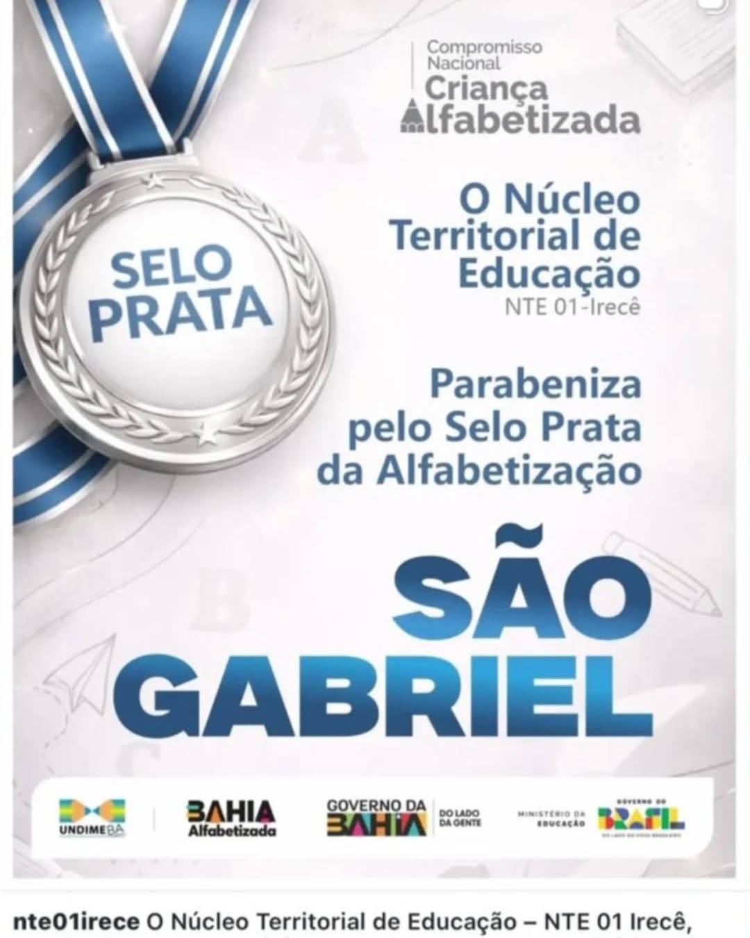 São Gabriel conquista Selo Prata do MEC e reforça compromisso com a alfabetização na idade certa