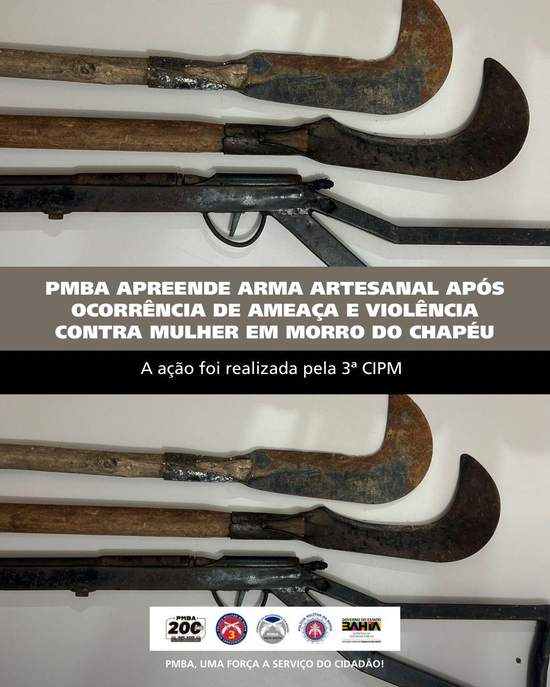 PMBA apreende arma artesanal após ocorrência de ameaça e violência contra mulher em Morro do Chapéu