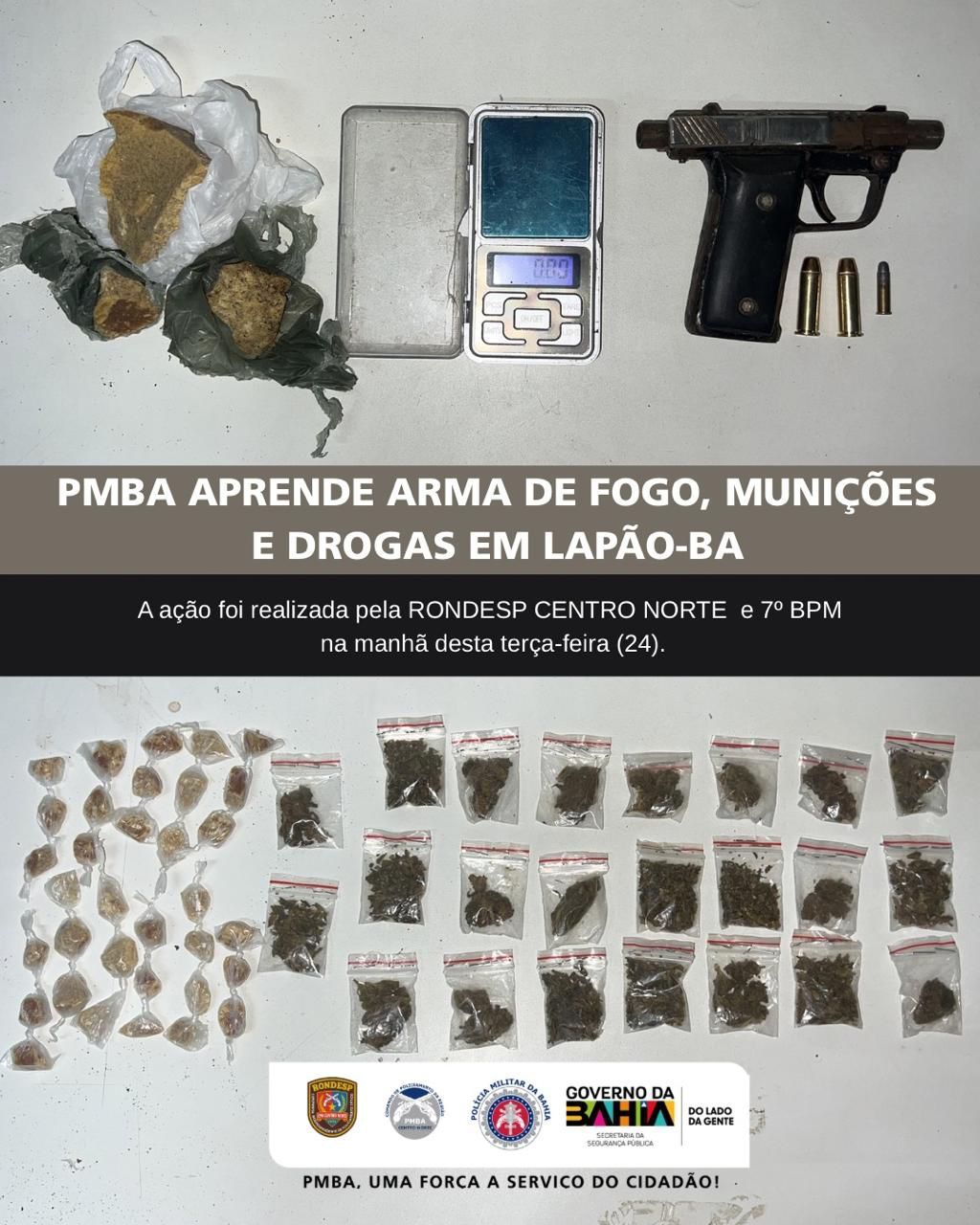7º BPM realizaram a prisão de três indivíduos e a apreensão de armamento e entorpecentes no Povoado de Elizeu, zona rural de Lapão