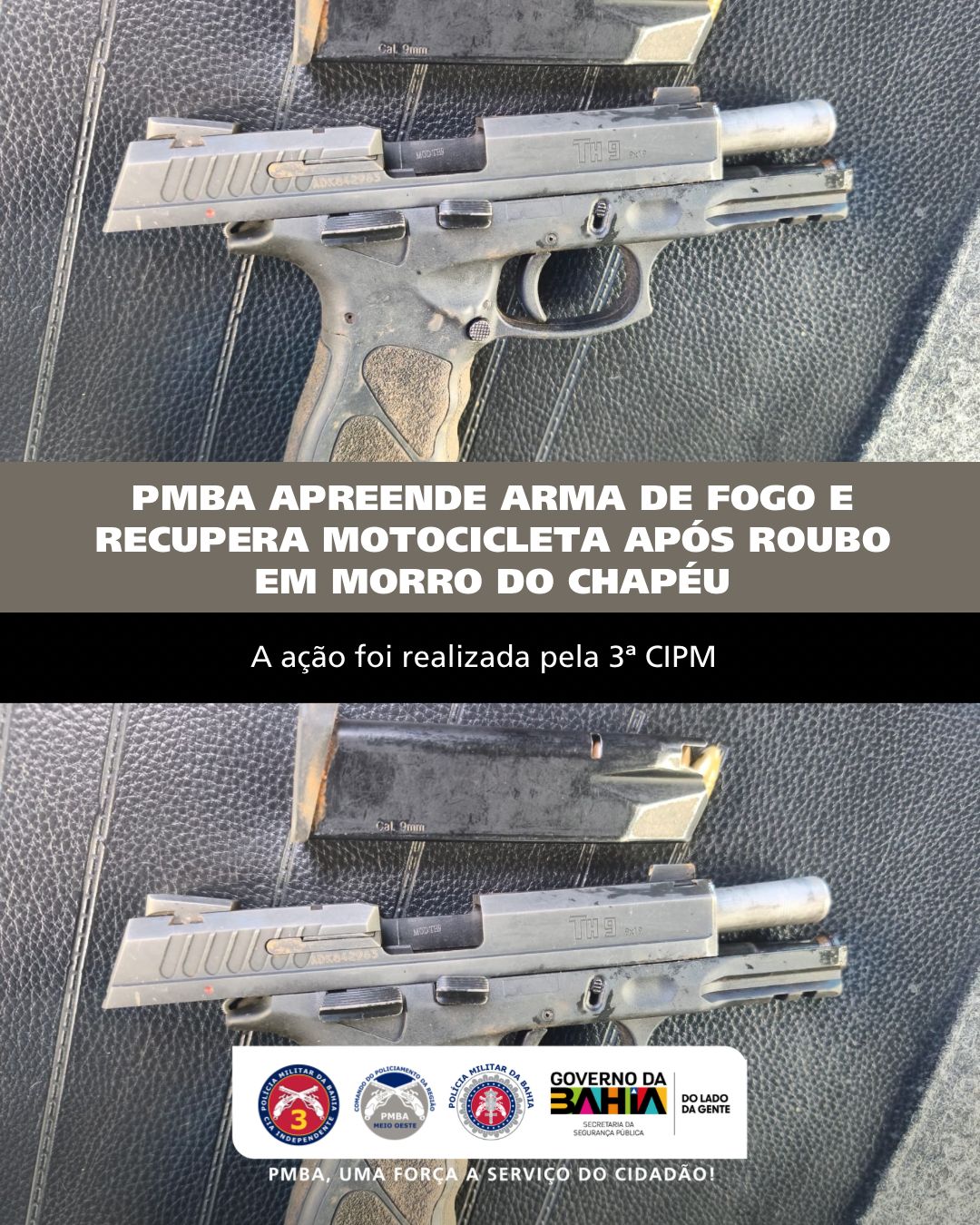 PMBA apreende arma de fogo e recupera motocicleta após roubo em Morro do Chapéu