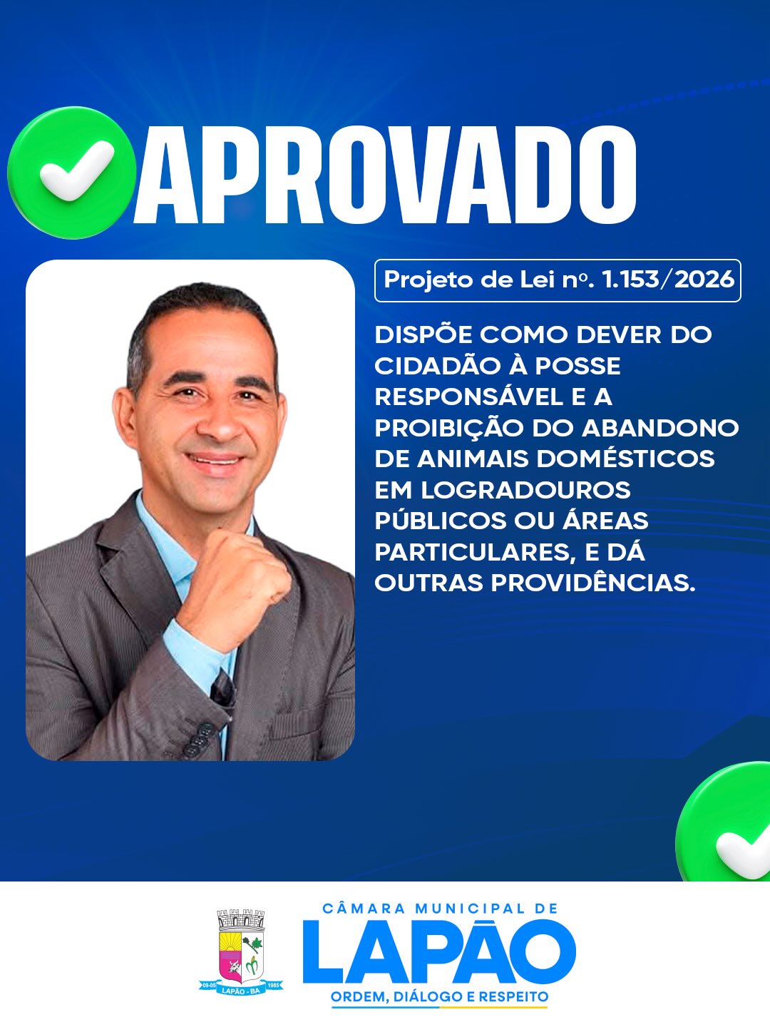 Câmara de Lapão aprova projeto que proíbe abandono de animais e reforça posse responsável