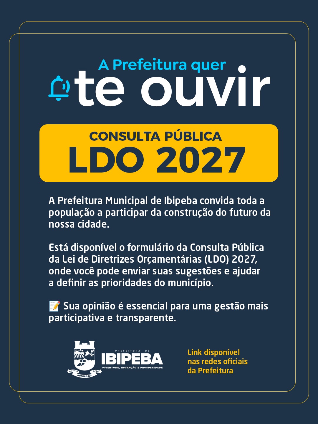 Prefeitura de Ibipeba abre consulta pública para construção da LDO 2027