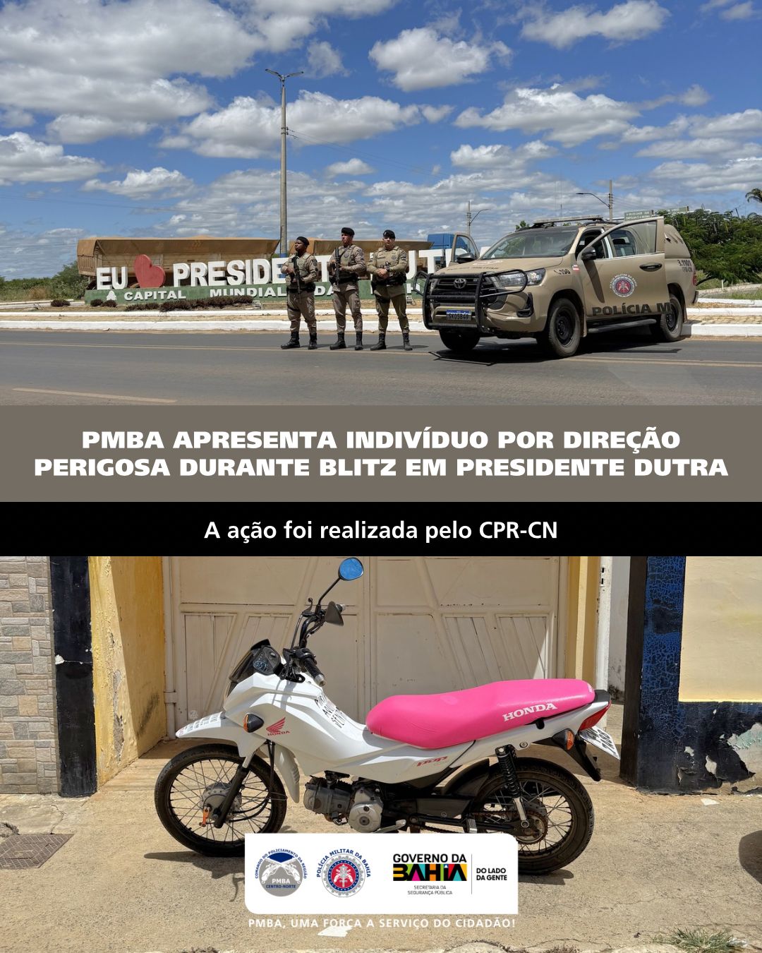 PMBA APREENDE MOTOCICLETA E CONDUZ INDIVÍDUO POR DIREÇÃO PERIGOSA EM PRESIDENTE DUTRA