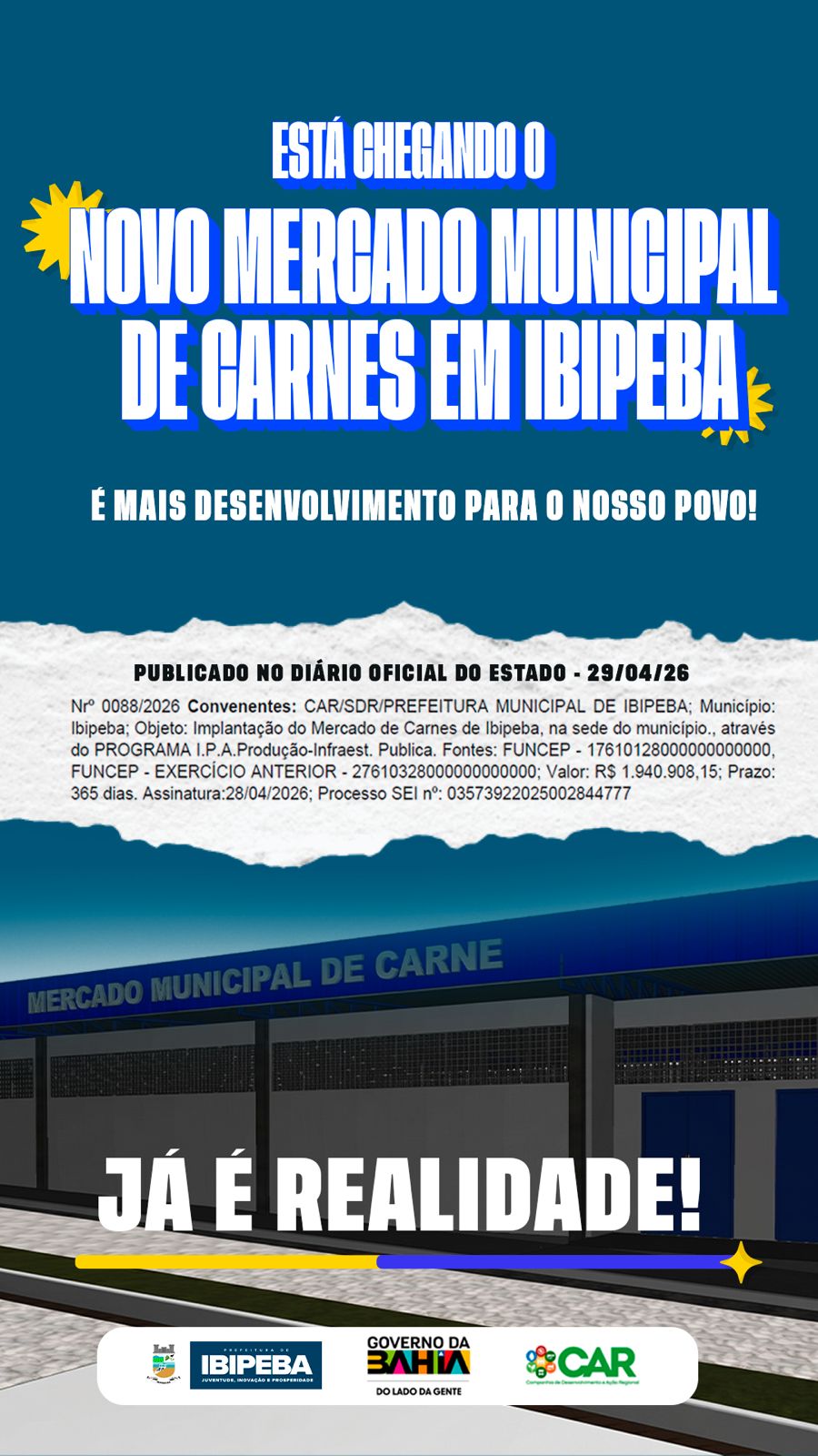 Ibipeba garante convênio para implantação do Mercado Municipal de Carnes e reforça desenvolvimento econômico