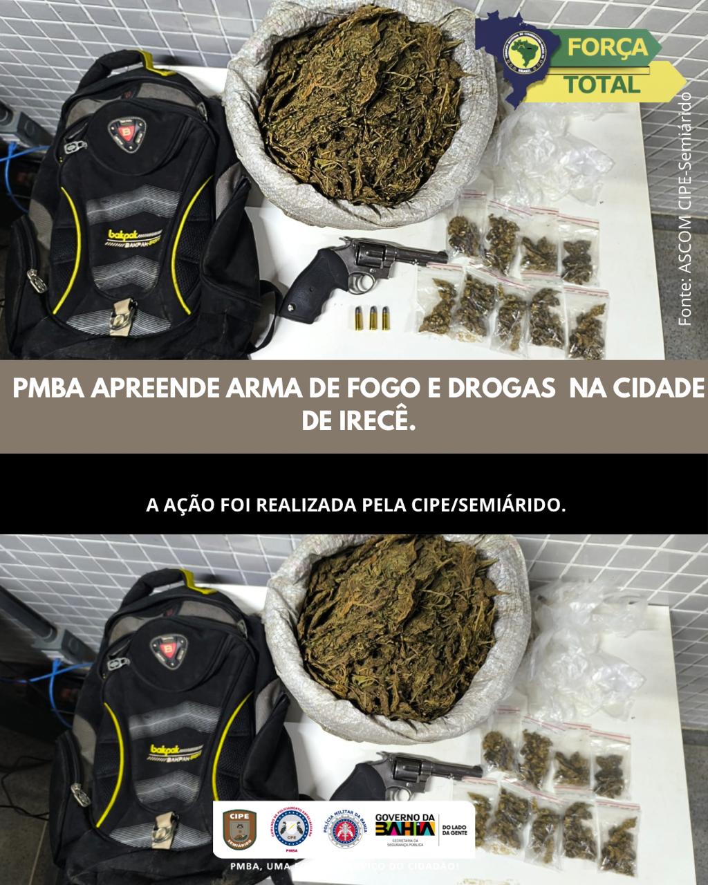 Operação Força Total: CIPE-Semiárido apreende arma e mais de 1,7 kg de maconha em Irecê