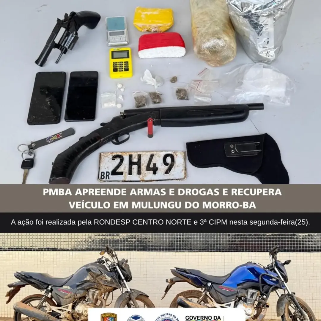 POLÍCIA MILITAR RECUPERA MOTOCICLETA ROUBADA E APREENDE ARMAS DE FOGO EM MULUNGU DO MORRO