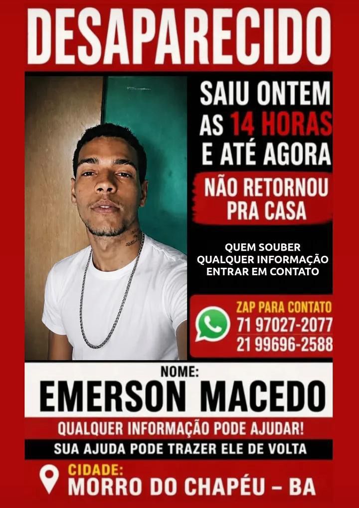 Família procura por Emerson Macedo, desaparecido em Morro do Chapéu