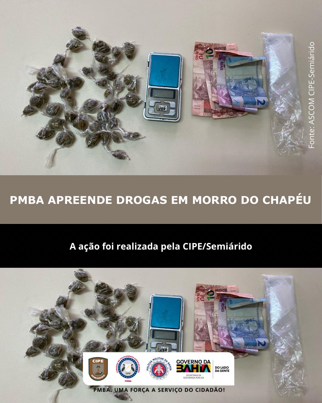 PRISÃO EM FLAGRANTE POR TRÁFICO DE DROGAS EM MORRO DO CHAPÉU