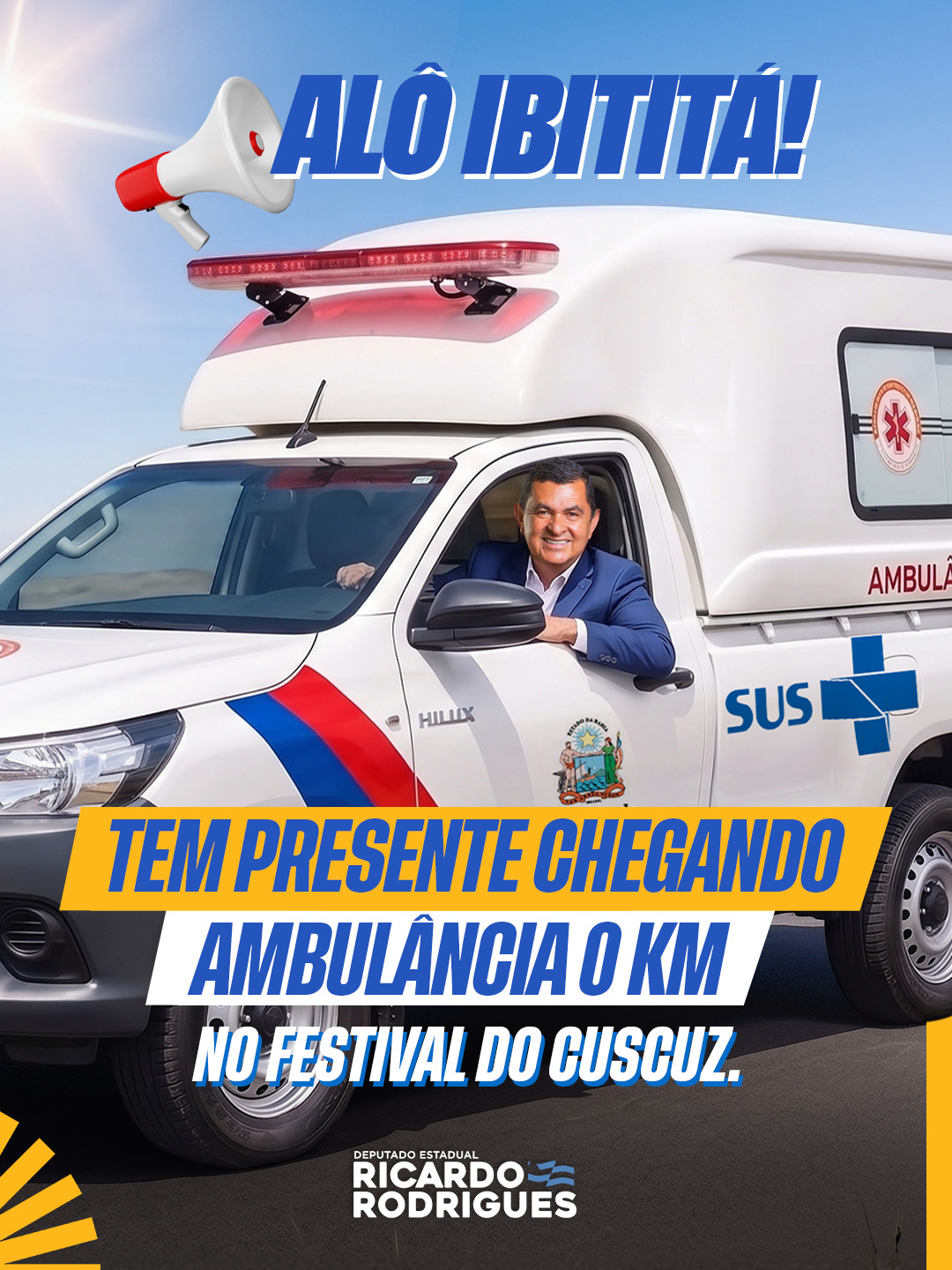 Ricardo Rodrigues viabiliza ambulância para Ibititá; município receberá reforço para a saúde durante Festival do Cuscuz
