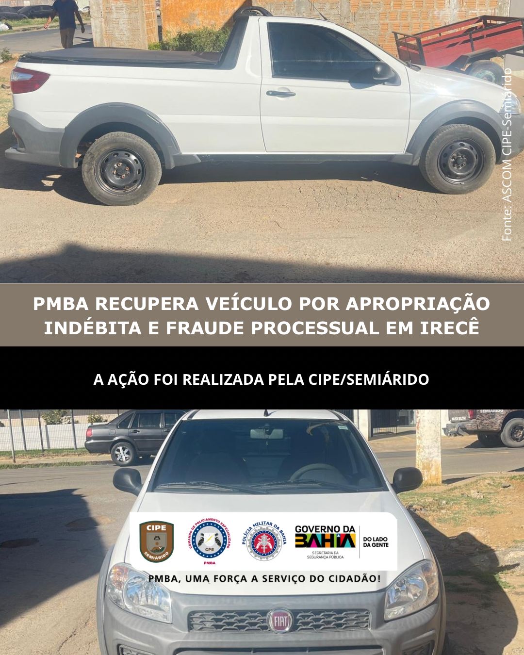 Uma guarnição da CIPE/Semiárido localizou, na manhã desta segunda-feira (15), um veículo com registro de ocorrência relacionado aos crimes de apropriação indébita e fraude processual no município de Irecê.