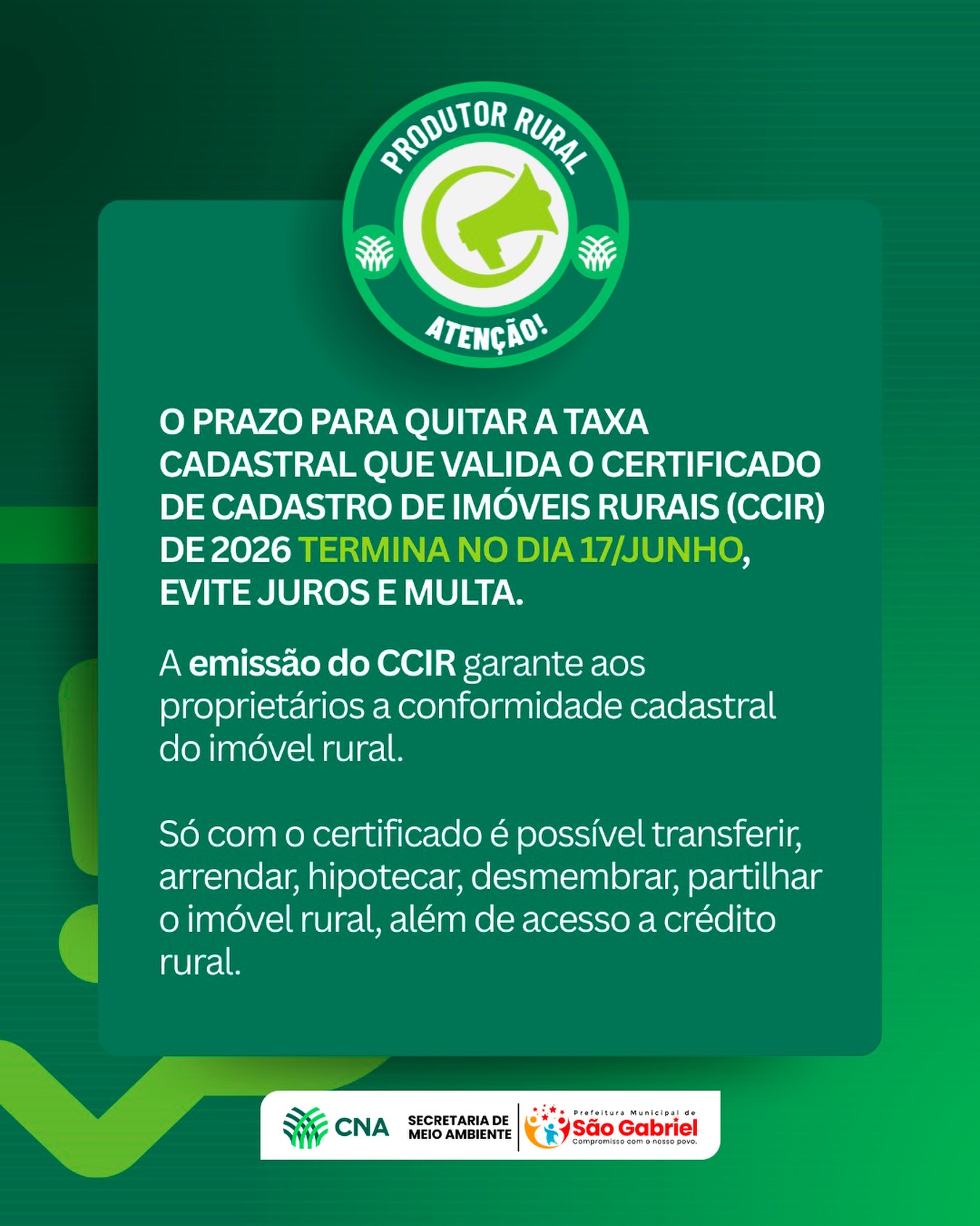 São Gabriel: 🌾📢 ATENÇÃO, PRODUTOR RURAL!