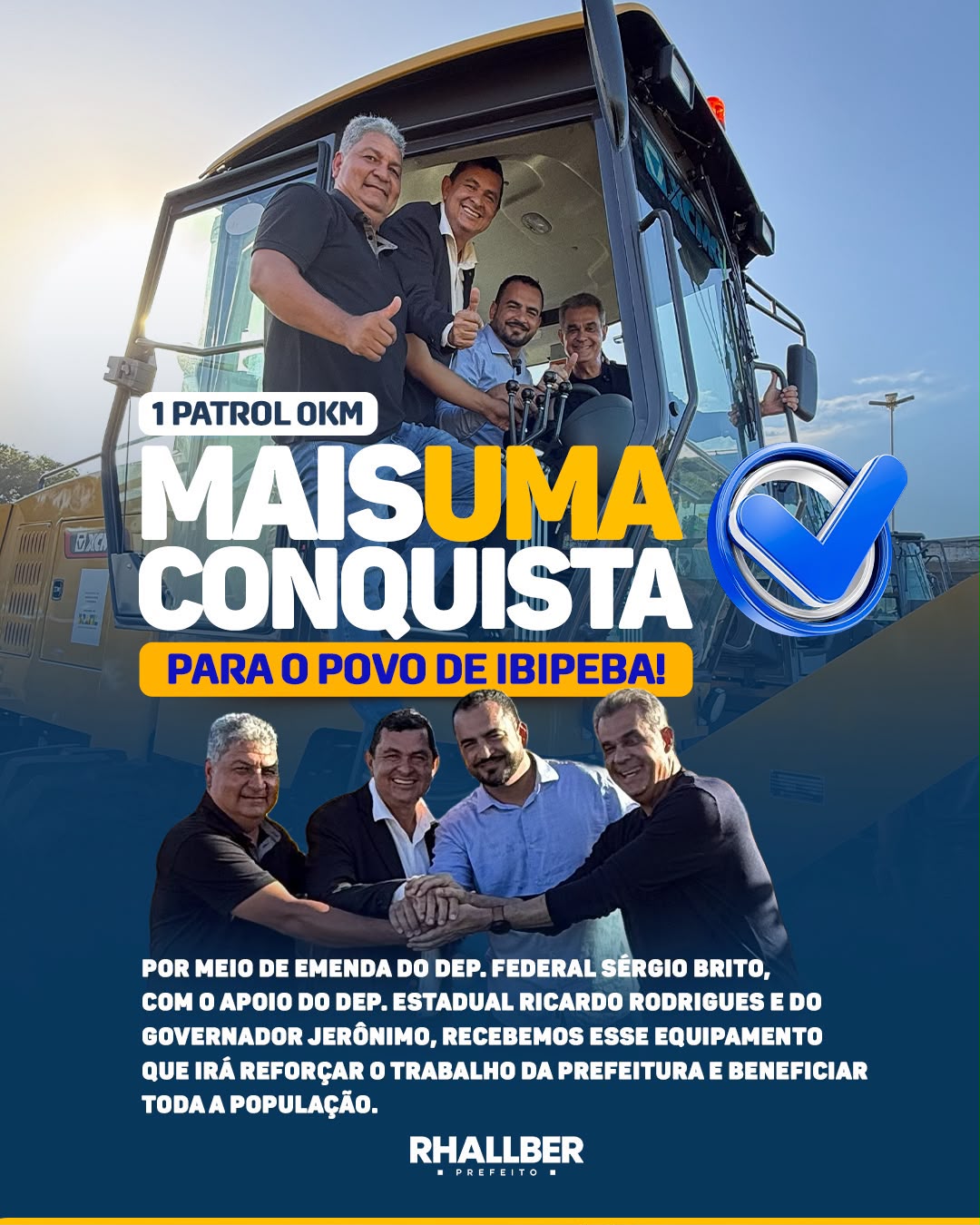 Com atuação de Ricardo Rodrigues, Ibipeba recebe motoniveladora para fortalecer infraestrutura rural