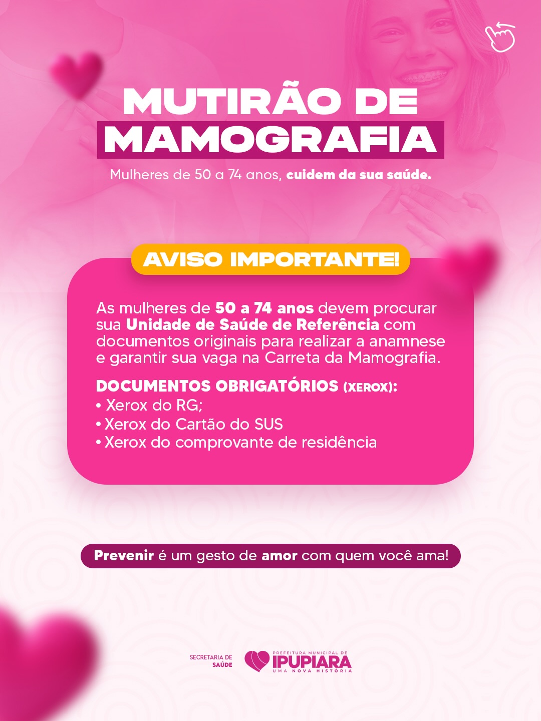 Mutirão de Mamografia: Prefeitura de Ipupiara convoca mulheres de 50 a 74 anos
