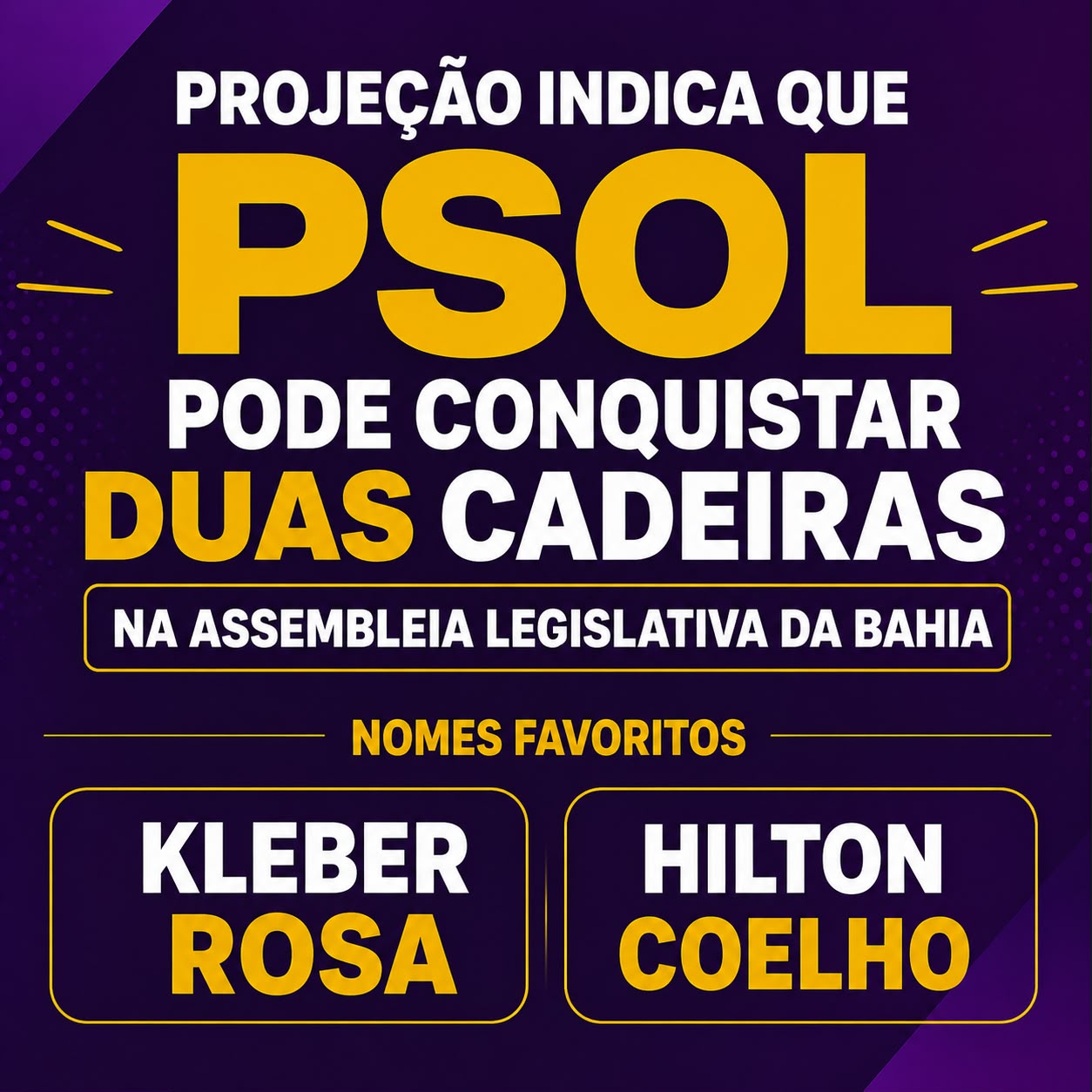 Projeção indica que PSOL pode conquistar duas cadeiras na Assembleia Legislativa da Bahia