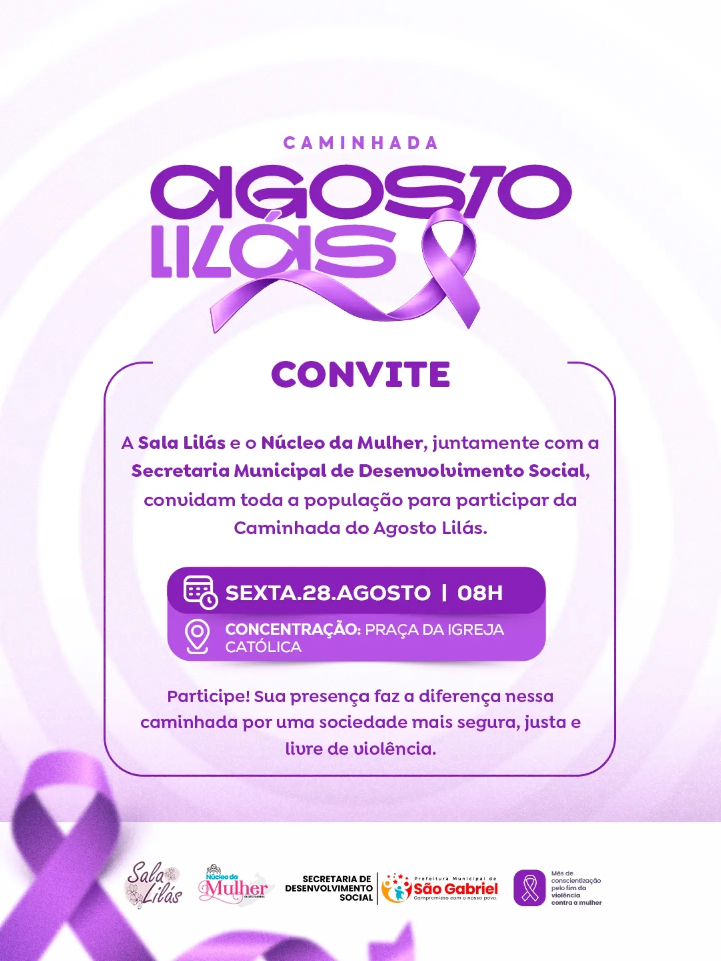 Caminhada do Agosto Lilás mobiliza população em São Gabriel contra a violência à mulher