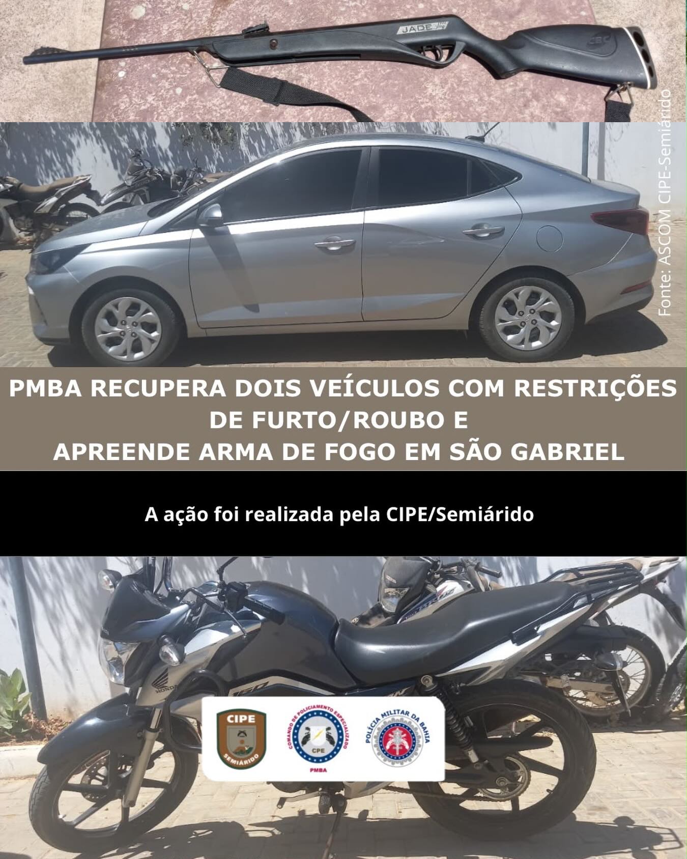 Homem é preso com veículos roubados e carabina durante operação da CIPE-Semiárido em São Gabriel